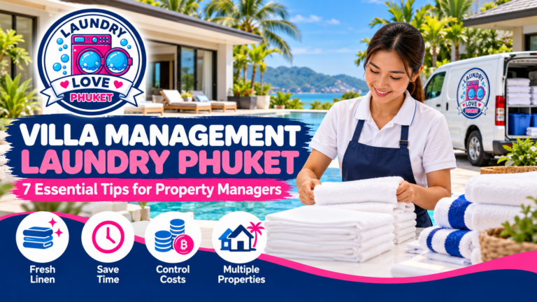 Villa management laundry Phuket services for property managers, featuring clean towels and Laundry Love Phuket branding